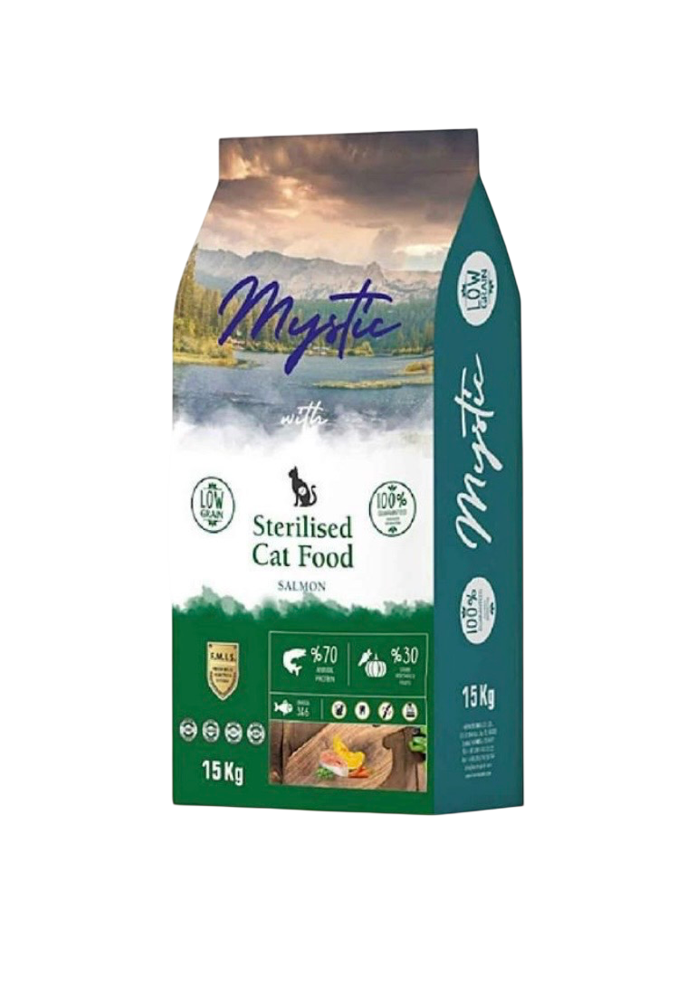 USHQIM PËR MACET E STERILIZUARA ME SALMON NGA MYSTIC 15kg